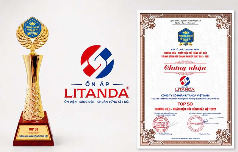 Giấy chứng nhận thương hiệu và cup top50 thương hiệu Việt của Litanda