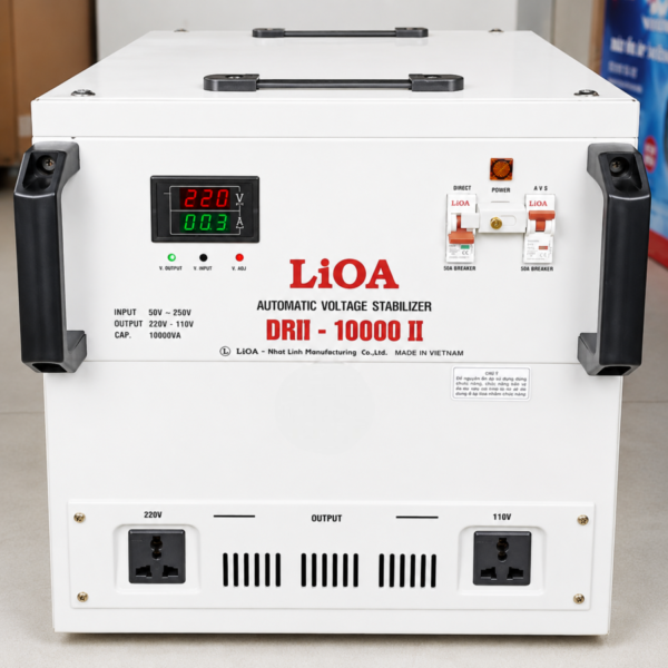 Ổn áp Lioa 1 pha 10KVA DRII-10000II chuyên dùng ổn định nguồn điện, bảo vệ an toàn cho các thiết bị điện gia đình ở khu vực lưới điện yếu hoặc dao động lớn.