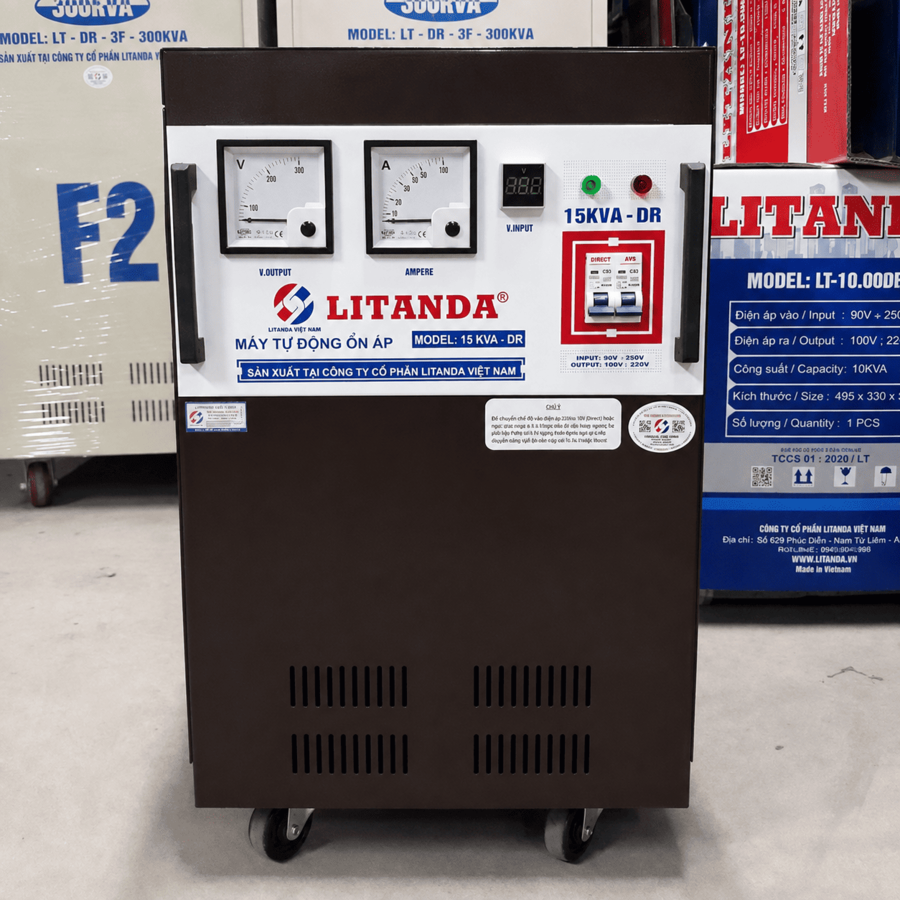 Ổn áp Litanda 15KVA DR dải 90V-250V là dòng ổn áp 1 pha dùng cho các hộ gia đình, hộ kinh doanh, quán net,…..