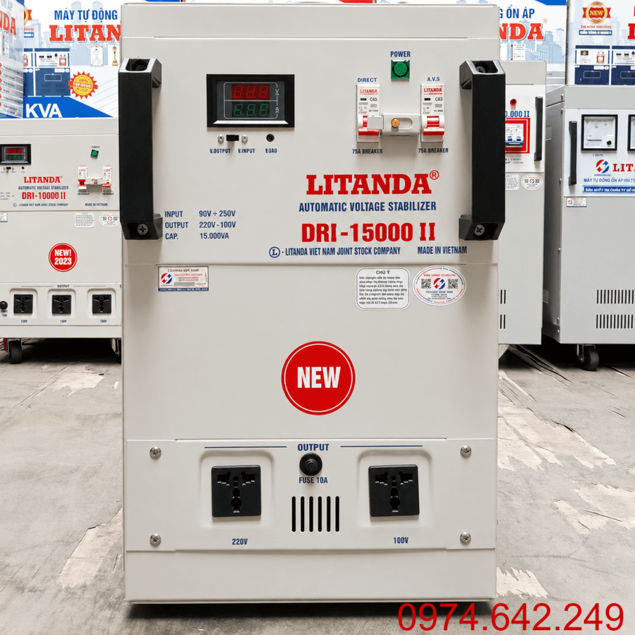 Ổn áp Litanda 1 pha 15KVA DRI chuyên dùng ổn định nguồn điện, bảo vệ an toàn cho các thiết bị điện gia đình ở khu vực lưới điện cực yếu và dao động lớn.