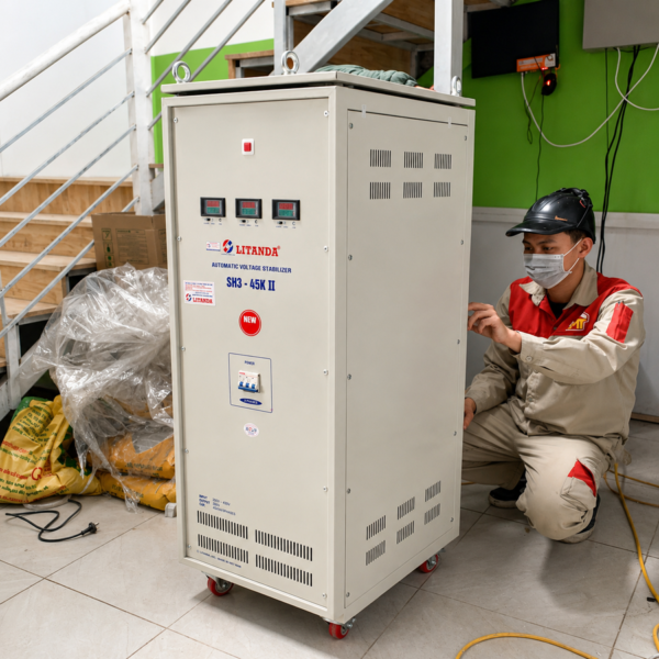 Ổn áp Litanda 45KVA 3 pha dải 260V dùng ổn định nguồn điện, bảo vệ an toàn và kéo dài tuổi thọ cho các thiết bị 3 pha công suất lớn ở khu vực điện yếu.
