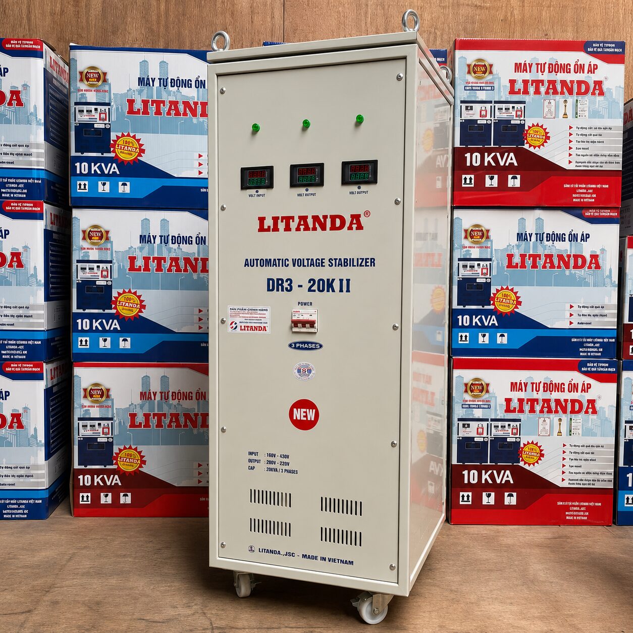 Ổn Áp 20KVA 3 Ph chuyên dùng cho khu vực điện 3 pha không quá yếu, ổn định điện áp và bảo vệ các hệ thống máy móc, thiết bị công nghiệp quy mô vừa.