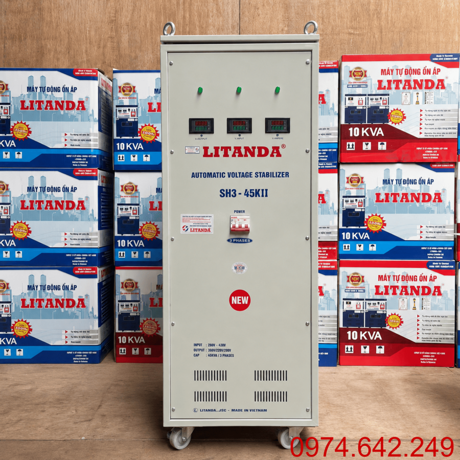 Ổn Áp 45KVA Dải 260V dùng cho hệ thống điện 3 pha yếu. Thiết bị giúp ổn định nguồn điện liên tục và bảo vệ cho máy móc, thiết bị công nghiệp quy mô lớn.