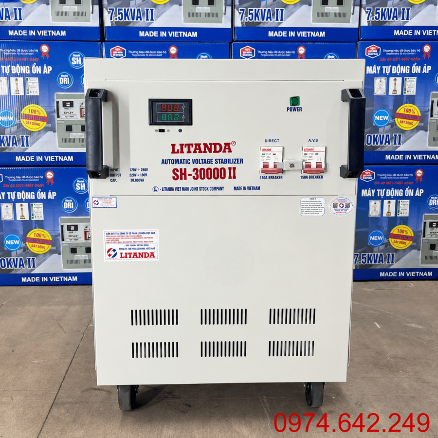 Ổn Áp 30KVA 1 Pha SH-30000II chuyên dùng cho khu vực điện ổn định, cung cấp nguồn ra ổn định giúp bảo vệ an toàn cho toàn bộ thiết bị điện gia đình.