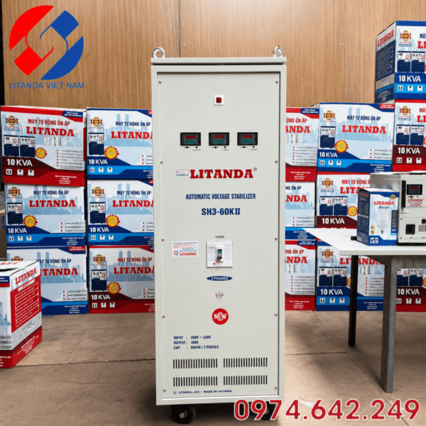 Ổn Áp 60KVA 3 Pha Dải 260V dùng cho hệ thống điện 3 pha. Thiết bị giúp ổn định nguồn điện liên tục và an toàn cho máy móc, thiết bị công nghiệp quy mô lớn.