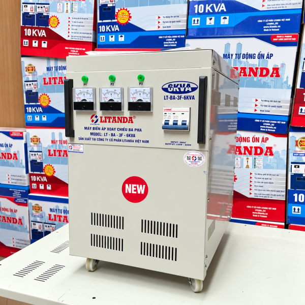 Máy biến áp 3 pha 6KVA chuyên dùng đổi nguồn điện, cung cấp nguồn điện 3 pha ổn định cho các hệ thống máy móc thiết bị công nghiệp.