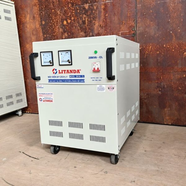 Biến áp cách ly 20kVA 1 pha chuyên dùng chuyển đổi điện áp, chống giật và lọc nhiễu, cấp nguồn an toàn cho thiết bị điện công suất lớn.