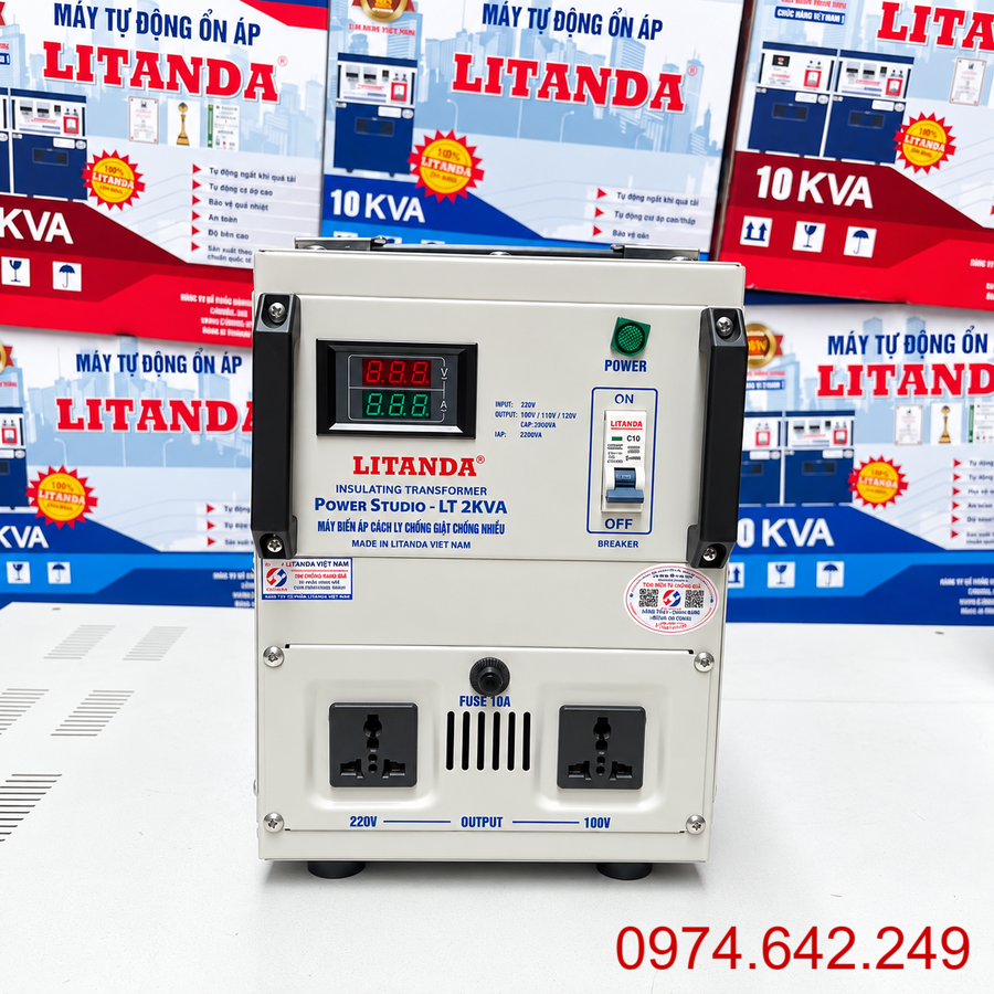 Máy biến áp cách ly 2KVA chuyên dùng đổi nguồn và chống giật, cung cấp nguồn điện an toàn cho các thiết bị điện dân dụng hoặc thiết bị âm thanh.
