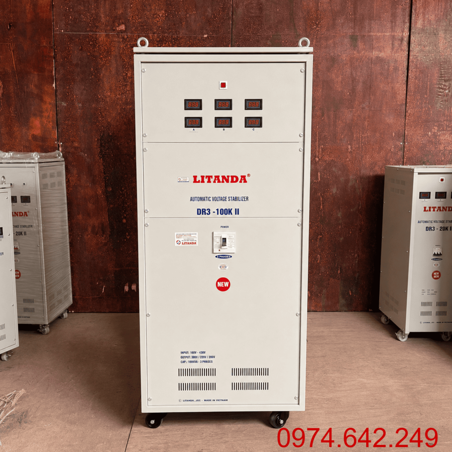 Ổn Áp 100KVA 3 Pha Dải 160V chuyên dùng cho lưới điện không quá yếu, giúp ổn định dòng điện liên tục và bảo vệ an toàn cho máy móc công nghiệp.
