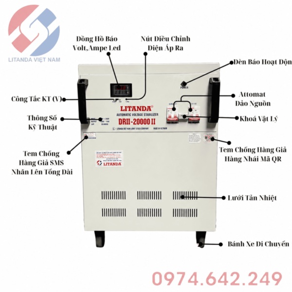 Ổn áp 20KVA 1 pha dải 50V chuyên dùng cho khu vực điện rất yếu, cung cấp nguồn ra ổn định giúp bảo vệ an toàn cho toàn bộ thiết bị điện gia đình.