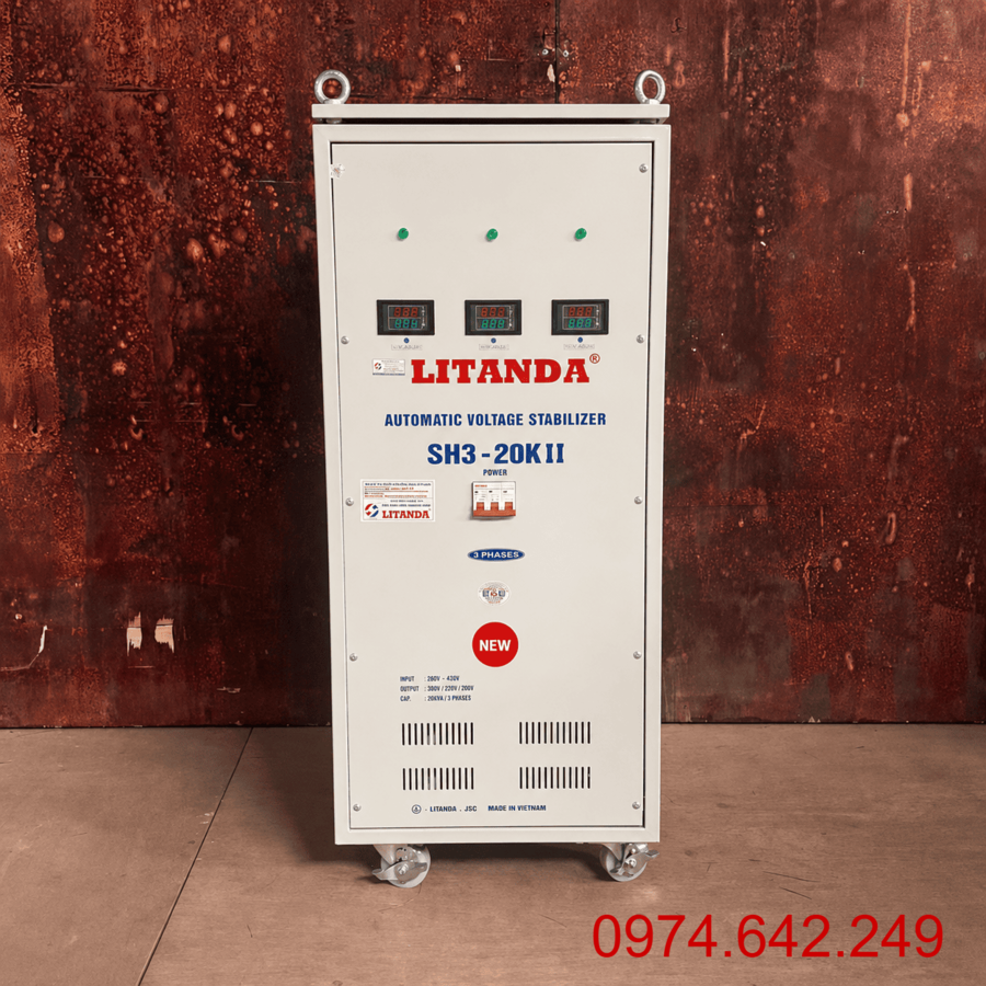 Ổn Áp 20KVA 3 Pha SH3 chuyên dùng cho khu vực điện 3 pha, ổn định điện áp và bảo vệ các hệ thống máy móc, thiết bị công nghiệp quy mô vừa.
