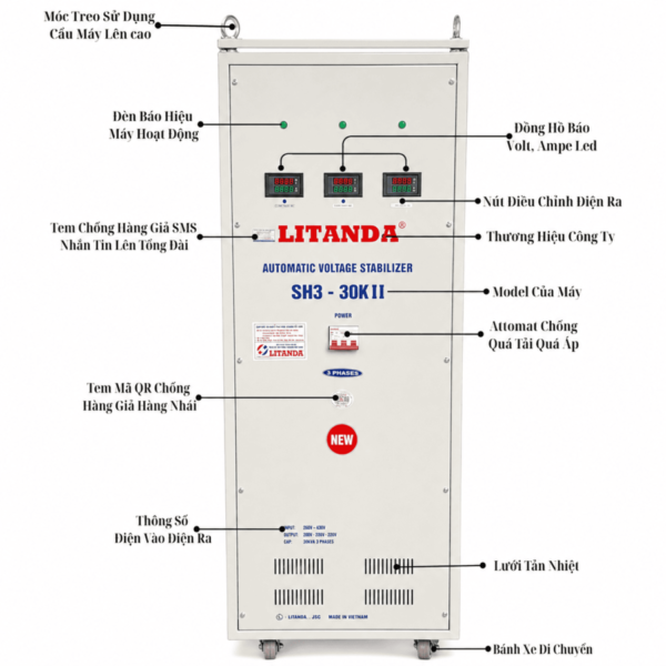 Ổn Áp 30KVA SH3-30KII 3 Pha chuyên dùng cho hệ thống điện 3 pha yếu.Thiết bị giúp ổn định nguồn điện liên tục và bảo vệ an toàn cho máy móc công nghiệp