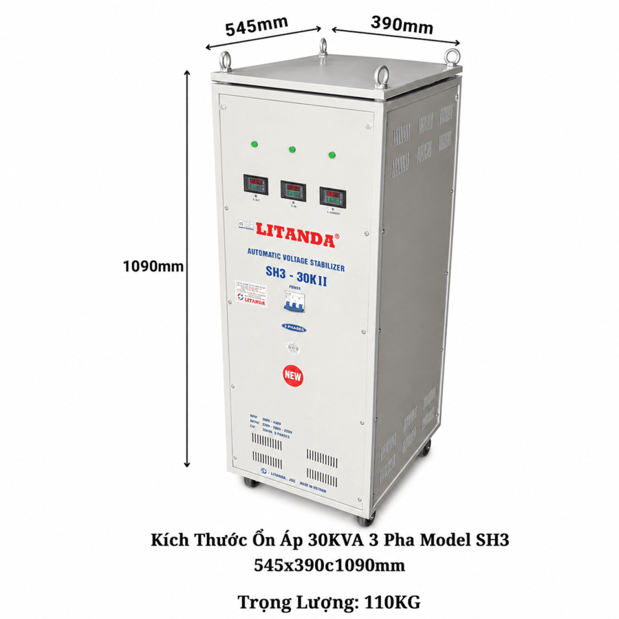 Ổn Áp 30KVA SH3-30KII 3 Pha chuyên dùng cho hệ thống điện 3 pha yếu.Thiết bị giúp ổn định nguồn điện liên tục và bảo vệ an toàn cho máy móc công nghiệp