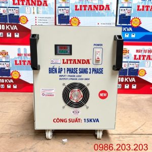 Biến áp 1 pha ra 3 pha 15kVA chuyên dùng chuyển đổi nguồn điện 1 pha thành 3 pha, cấp nguồn an toàn và ổn định cho máy móc, thiết bị công nghiệp quy mô vừa.
