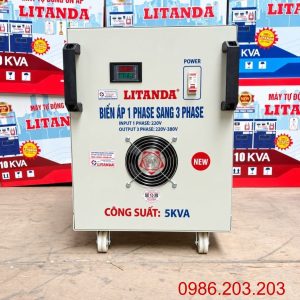 Biến áp 1 pha ra 3 pha 5kVA chuyên dùng chuyển đổi nguồn điện 1 pha thành 3 pha, cung cấp nguồn điện ổn định cho máy móc và thiết bị công nghiệp nhỏ.