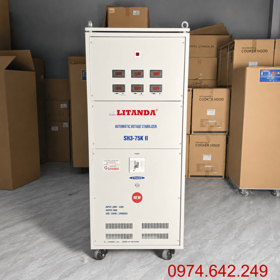 Ổn Áp 75KVA 3 Pha dùng cho hệ thống điện 3 pha yếu. Thiết bị giúp ổn định nguồn điện liên tục và bảo vệ cho máy móc, thiết bị công nghiệp quy mô lớn.