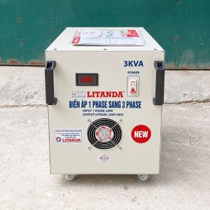 Biến áp 1 pha sang 3 pha 3kVA chuyên dùng đổi nguồn điện từ 1 pha sang 3 pha, cung cấp nguồn điện an toàn và ổn định cho các thiết bị máy móc.