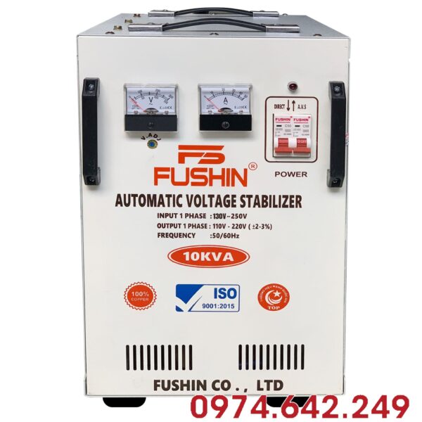 Ổn áp Fushin 1 pha 10KVA (FS1.1.130-10K): Ổn áp dây đồng dải 130V-250V, chuyên ổn định điện cho gia đình lớn và văn phòng.