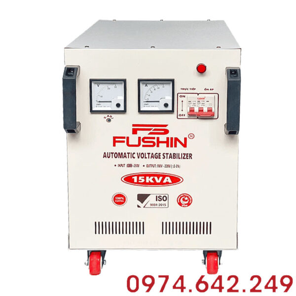 Ổn áp Fushin 1 pha 15KVA (FS1.1.130-15K): Ổn áp dây đồng dải 130V-250V, chuyên ổn định điện cho gia đình lớn và cơ sở kinh doanh.