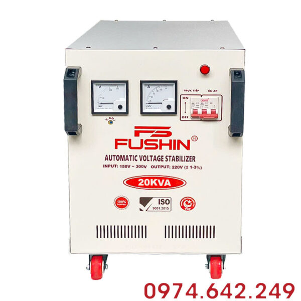 Ổn áp Fushin 1 pha 20KVA NLMT (FS1.III-20K): Ổn áp công suất lớn chuyên dụng cho điện mặt trời, dây đồng 100%, tối ưu điện áp đầu ra từ inverter.