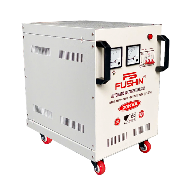 Ổn áp Fushin 1 pha 20KVA NLMT (FS1.III-20K): Ổn áp công suất lớn chuyên dụng cho điện mặt trời, dây đồng 100%, tối ưu điện áp đầu ra từ inverter.