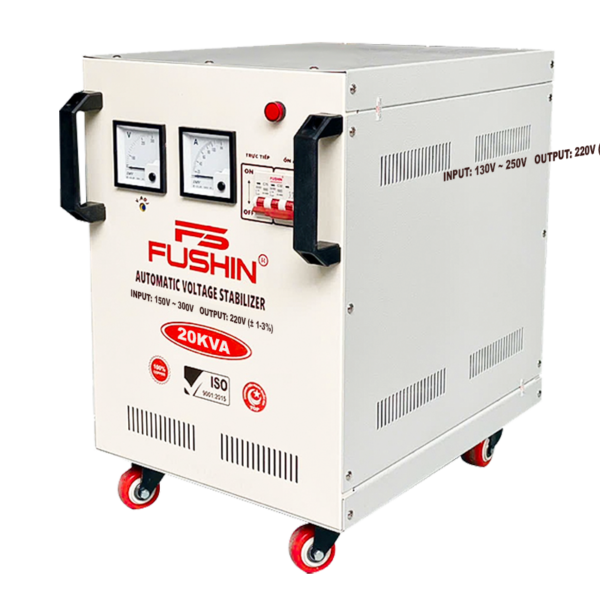 Ổn áp Fushin 1 pha 20KVA NLMT (FS1.III-20K): Ổn áp công suất lớn chuyên dụng cho điện mặt trời, dây đồng 100%, tối ưu điện áp đầu ra từ inverter.