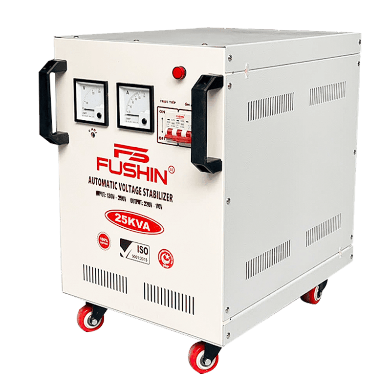 Ổn áp Fushin 1 pha 25KVA (FS1.1.130-25K): Ổn áp công suất lớn dải 130V-250V, chuyên ổn định điện cho biệt thự lớn, nhà hàng và xưởng sản xuất.
