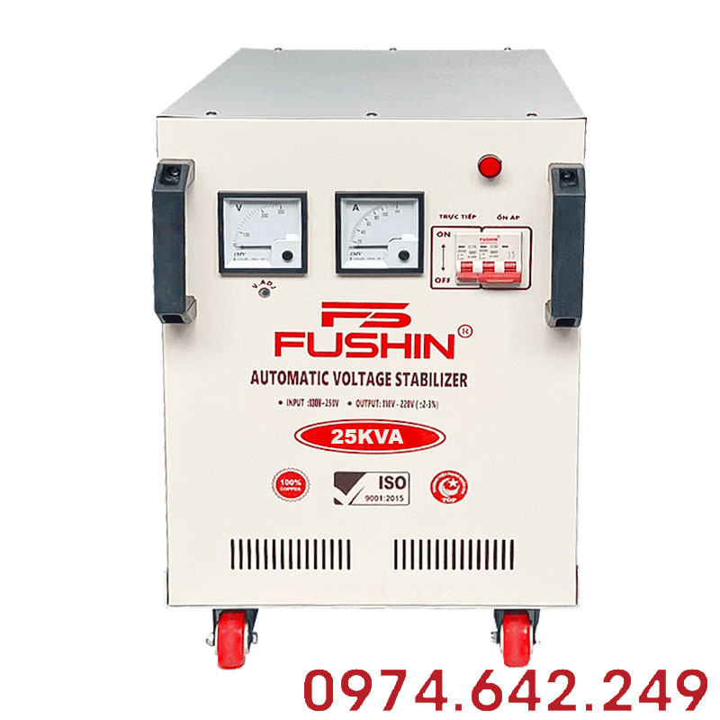 Ổn áp Fushin 1 pha 25KVA (FS1.1.130-25K): Ổn áp công suất lớn dải 130V-250V, chuyên ổn định điện cho biệt thự lớn, nhà hàng và xưởng sản xuất.