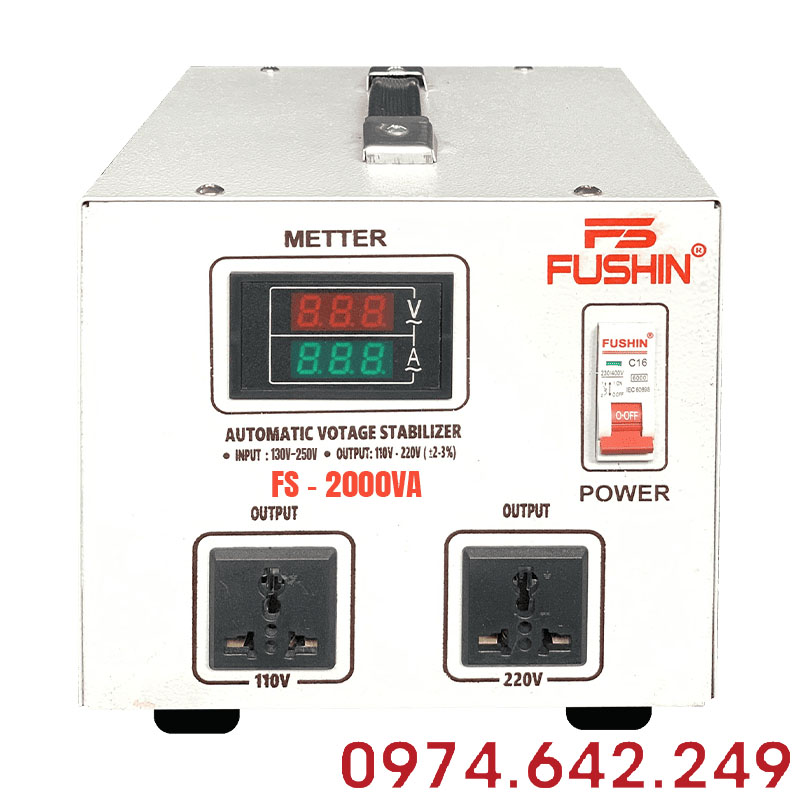 Ổn áp Fushin 1 pha 2KVA model FS1.1.130-2K là thiết bị ổn áp chất lượng cao thuộc thương hiệu Fushin đến từ Nhật Bản, được sản xuất và lắp ráp tại Việt Nam theo dây chuyền công nghệ hiện đại. Sản phẩm có chức năng tự động điều chỉnh và ổn định điện áp đầu ra, đảm bảo nguồn điện luôn ở mức an toàn và phù hợp với thiết bị sử dụng. Nhờ đó, giúp kéo dài tuổi thọ thiết bị, hạn chế hư hỏng do điện áp không ổn định và góp phần tiết kiệm điện năng.
