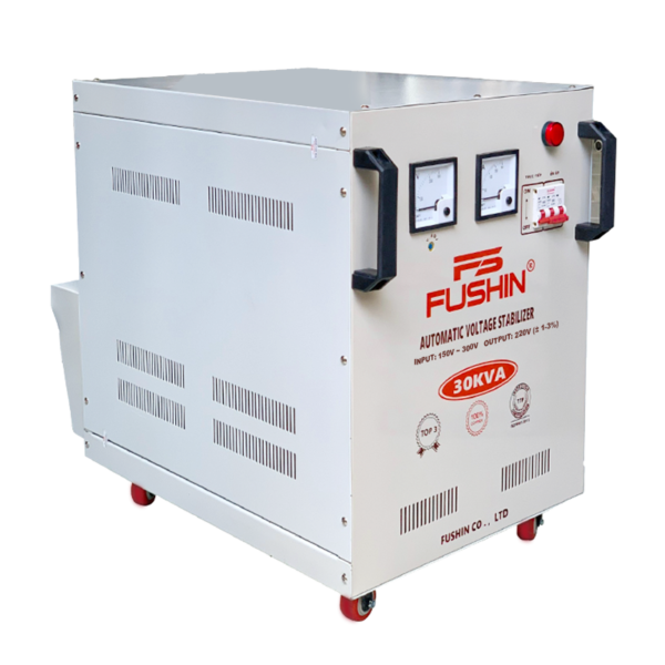 Ổn áp Fushin 1 pha 30KVA NLMT (FS1.III-30K): Ổn áp điện mặt trời dây đồng, bảo vệ inverter, ổn định điện cho biệt thự và nhà xưởng.