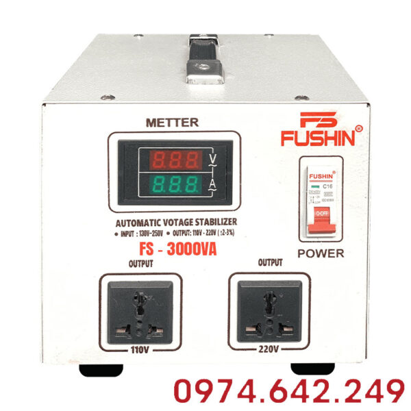 Ổn áp Fushin 1 Pha 3KVA model FS1.1.130-3K là thiết bị ổn áp tự động cao cấp thuộc thương hiệu Fushin – Nhật Bản, được thiết kế chuyên dụng cho hệ thống điện một pha với công suất định mức 3KVA (3.000VA). Sản phẩm có chức năng ổn định điện áp đầu ra trong dải an toàn, góp phần bảo vệ hiệu quả các thiết bị điện dân dụng trước các hiện tượng điện áp không ổn định như quá áp, sụt áp hoặc dao động nguồn điện.