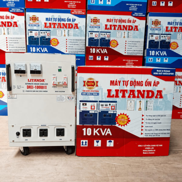 Ổn Áp Litanda 1 Pha 10KVA DRII-10000II: Dòng máy dải rộng chuyên dùng cho khu vực điện cực yếu, chập chờn, giúp ổn định điện áp và bảo vệ thiết bị tối ưu.