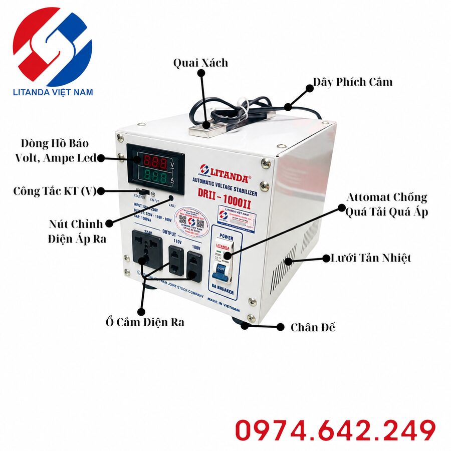 Ổn áp Litanda 1 pha 1KVA DRII-1000II: Ổn áp công suất nhỏ dải điện siêu rộng, chạy cực êm, chuyên bảo vệ tivi, máy tính, wifi cho gia đình và văn phòng.