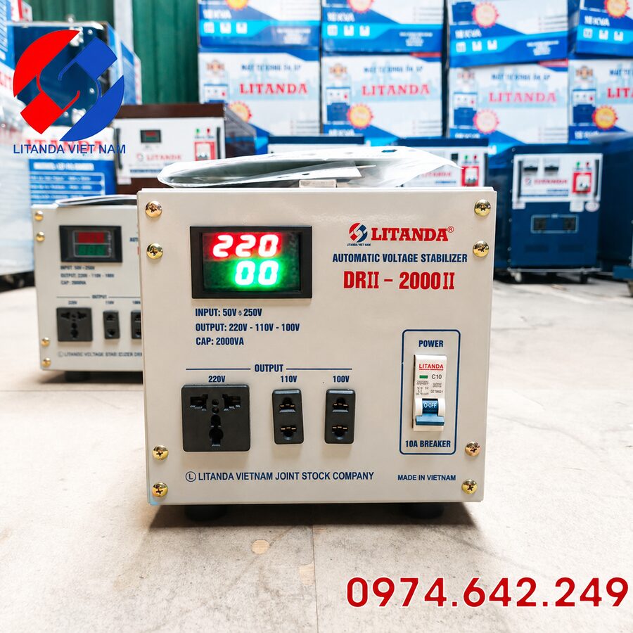 Ổn áp Litanda 2KVA DRII-2000II chuyên dùng cho vùng điện cực yếu từ 50V–250V, tự động bù áp nhanh chóng để bảo vệ an toàn cho thiết bị.
