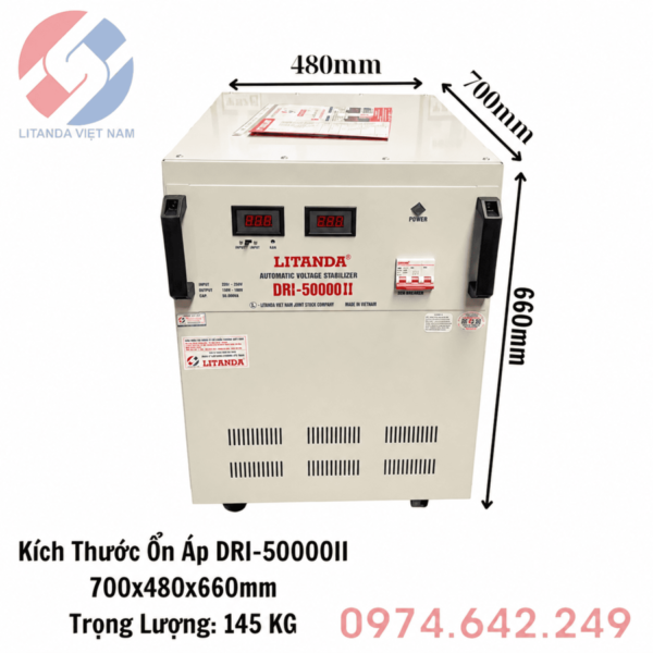 Ổn Áp Litanda 1 Pha 50KVA DRI-50000II có dải điện áp rộng (90V - 250V), phù hợp với khu vực ngoại thành nơi điện áp dao động thất thường.