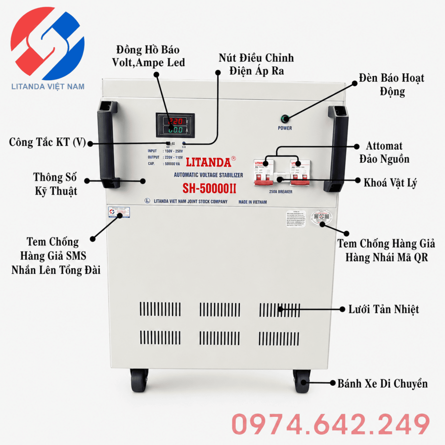 Ổn Áp Litanda 1 Pha 50KVA SH-50000II hoạt động với dải điện áp tiêu chuẩn (130V - 250V), tối ưu cho khu vực nội thành có lưới điện tương đối ổn định.