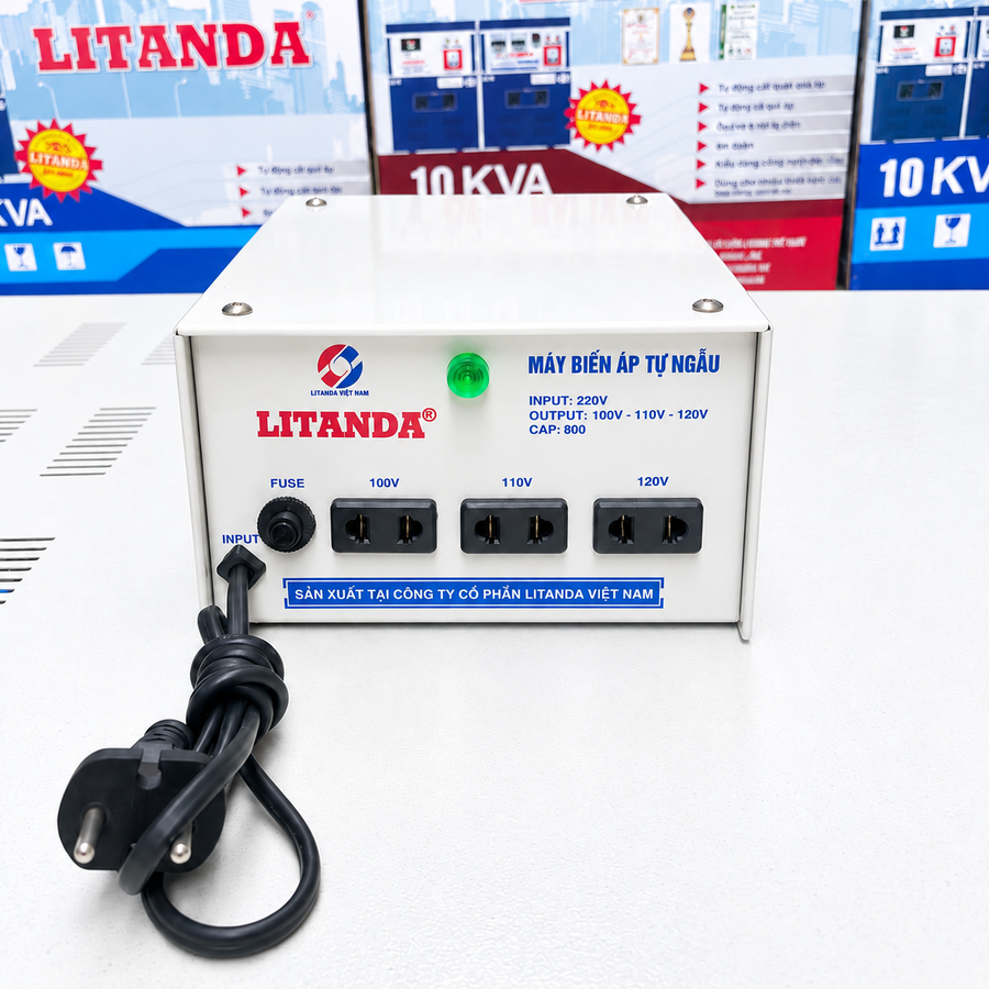 Biến áp tự ngẫu Litanda 1 pha 800VA DN008 chuyên dùng đổi nguồn điện, cung cấp nguồn điện chuẩn cho các thiết bị điện dân dụng nhập khẩu.