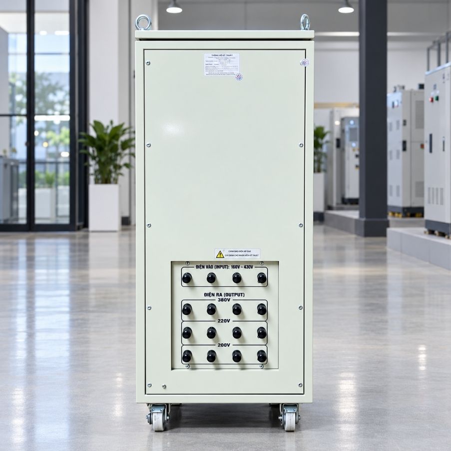 Ổn Áp Cách Ly 15KVA 3 Pha 160V-430V chuyên dùng ổn định điện áp dải rộng, lọc nhiễu, chống giật và bảo vệ thiết bị điện công nghiệp nhạy cảm.
