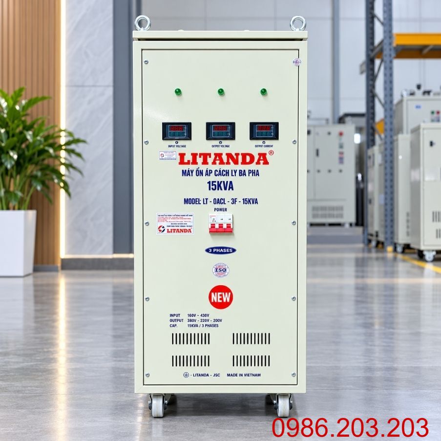 Ổn Áp Cách Ly 15KVA 3 Pha 160V-430V chuyên dùng ổn định điện áp dải rộng, lọc nhiễu, chống giật và bảo vệ thiết bị điện công nghiệp nhạy cảm.