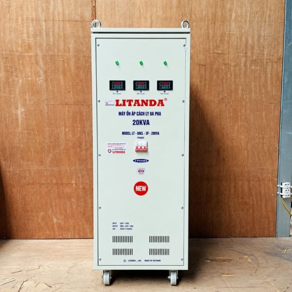Ổn áp cách ly 20KVA 3 pha 260V-430V chuyên dùng ổn định điện áp, lọc nhiễu, chống giật và bảo vệ thiết bị điện công nghiệp nhạy cảm.