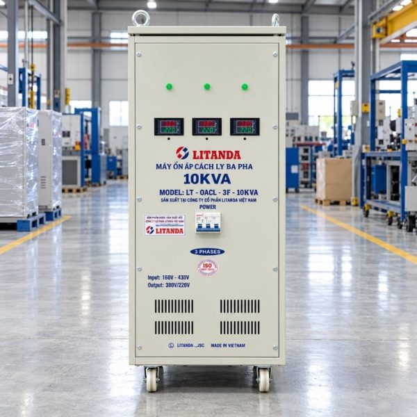 Ổn áp cách ly Lioa 10KVA 3 pha 160V-430V chuyên dùng ổn định điện áp dải rộng, lọc nhiễu, chống giật và bảo vệ thiết bị điện công nghiệp nhạy cảm.