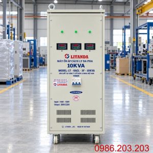 Ổn áp cách ly Lioa 10KVA 3 pha 160V-430V chuyên dùng ổn định điện áp dải rộng, lọc nhiễu, chống giật và bảo vệ thiết bị điện công nghiệp nhạy cảm.