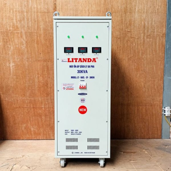 Ổn áp cách ly Litanda 30KVA 3 pha 160V-430V chuyên dùng ổn định điện áp dải rộng, lọc nhiễu, chống giật và bảo vệ thiết bị điện công nghiệp nhạy cảm.