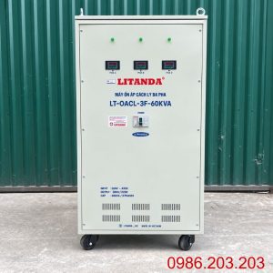 Ổn áp cách ly Litanda 3 pha 60KVA 260V-430V chuyên dùng ổn định điện áp, lọc nhiễu, chống giật và bảo vệ thiết bị điện công nghiệp nhạy cảm.