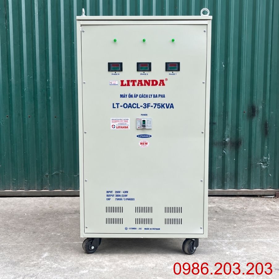 Ổn áp cách ly Litanda 3 pha 75KVA 260V-430V chuyên dùng ổn định điện áp, lọc nhiễu, chống giật và bảo vệ thiết bị điện công nghiệp nhạy cảm.