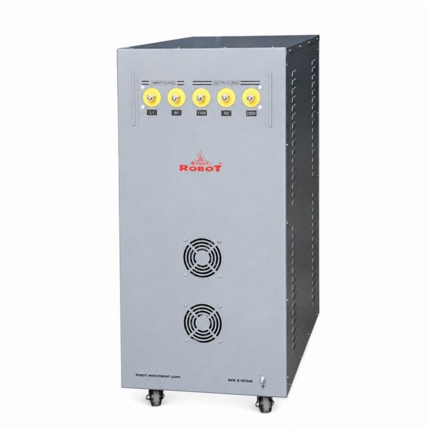 on-ap-robot-1-pha-40kva-1 Ổn áp Robot Reno 1 pha 40KVA là thiết bị có khả năng tự động điều chỉnh nguồn điện đầu vào dao động mạnh trong khoảng từ 90V đến 250V về mức điện áp đầu ra ổn định 220V. Công suất 40KVA phù hợp với biệt thự lớn, văn phòng, nhà hàng, khách sạn, xưởng sản xuất nhỏ và cơ sở kinh doanh sử dụng nhiều thiết bị điện cùng lúc