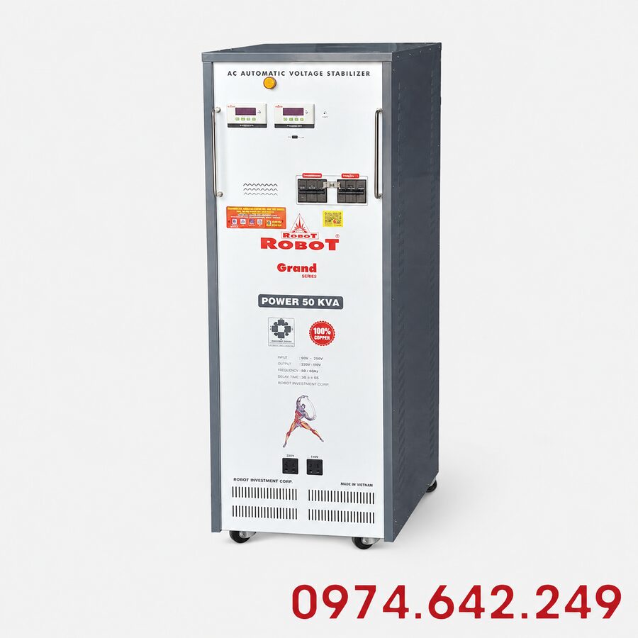 Ổn áp Robot Reno 1 pha 50KVA 90V-250V là thiết bị có chức năng tự động điều chỉnh nguồn điện đầu vào dao động trong khoảng từ 90V đến 250V về mức điện áp đầu ra ổn định 220V. Với công suất lớn 50KVA, sản phẩm phù hợp lắp đặt cho biệt thự, nhà hàng, khách sạn, văn phòng, cửa hàng, xưởng sản xuất nhỏ và các cơ sở kinh doanh sử dụng nhiều thiết bị điện công suất cao cùng lúc. Dải điện rộng 90V-250V giúp máy hoạt động hiệu quả tại những khu vực thường xuyên bị điện yếu, sụt áp sâu hoặc điện lưới tăng giảm thất thường.