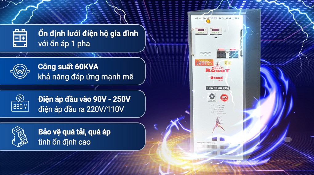 Ổn Áp Robot Reno 1 Pha 60KVA 150V-250V là dòng thiết bị công suất rất lớn được thiết kế chuyên biệt dành cho các khu vực có nguồn điện lưới tương đối ổn định nhưng vẫn xuất hiện tình trạng sụt áp nhẹ hoặc dao động thất thường. Với công suất mạnh mẽ 60KVA cùng khả năng duy trì điện áp ra 220V chuẩn xác