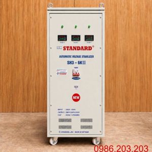 Ổn áp Standard 3 pha 6KVA SH3-6KII chuyên dùng ổn định điện áp tự động, chống quá tải, ngắn mạch, nâng cao độ bền và bảo vệ an toàn cho các thiết bị điện.
