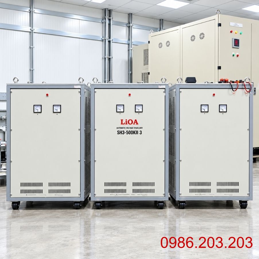 Ổn áp Lioa 500KVA chuyên dùng ổn định điện áp công suất siêu lớn, khắc phục điện yếu và bảo vệ toàn diện cho hệ thống máy móc nhà máy.